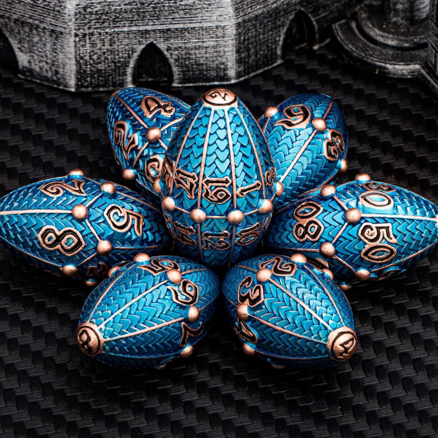 ARUOHHA DND Metal Dice Copper Blue Dragon Egg Dice with Metal Box, Role Playing Game RPG Polyhedral D and D Dice Set D20 D12 D10 D8 D6 D4