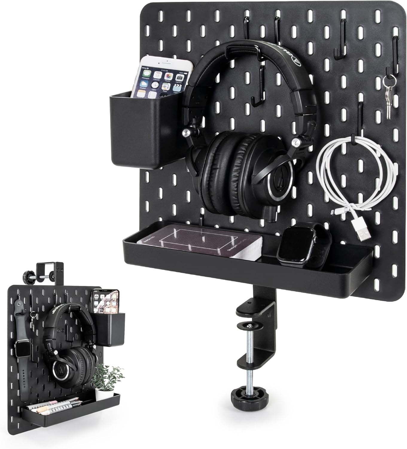 EHO Clamp-On Desk Pegboard, 13.5 x 14 inch Privacy Divider, Desk Partition Panel, No-Drill Desk Mounted Organizer, Combination Peg Board for Office, Gaming, Home, Plants, Black