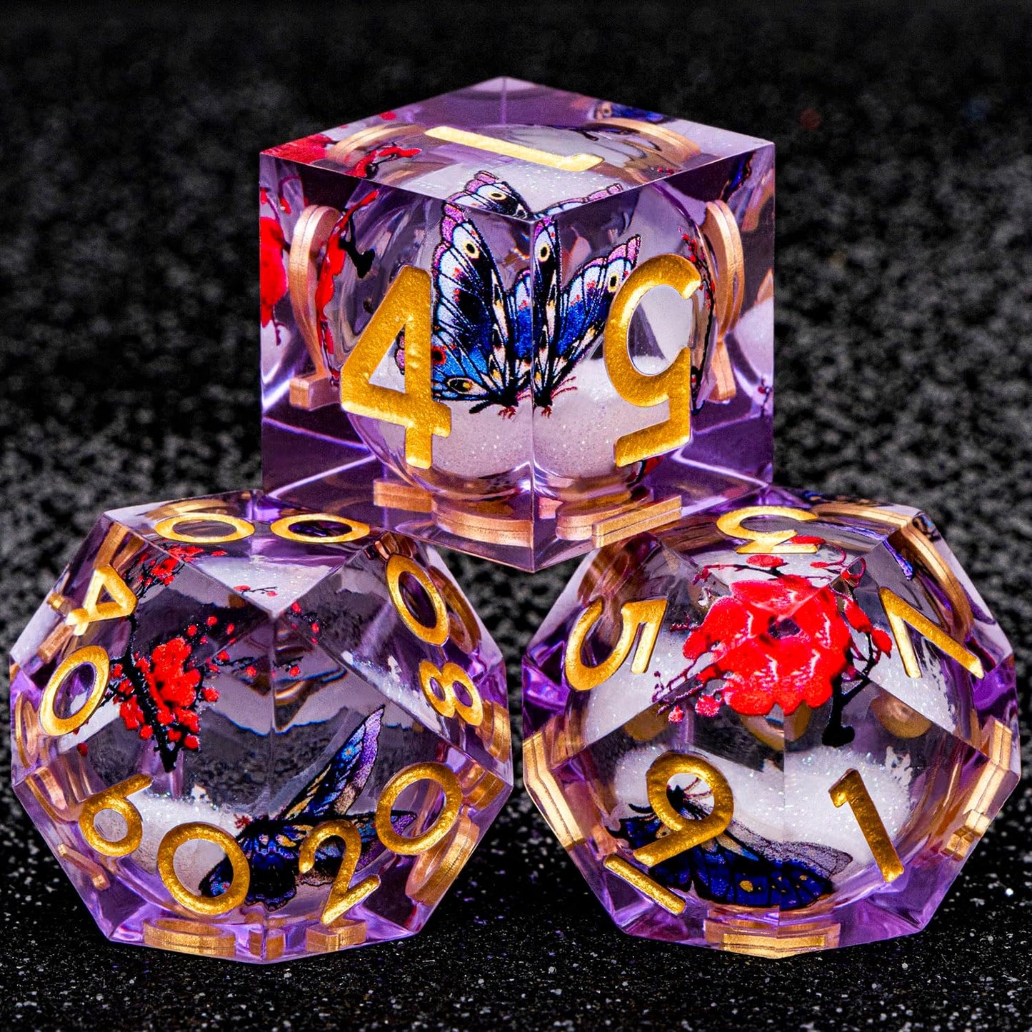 Butterfly DND Dice Purple Liquid Core Dice Set with Metal Box, Handmade Sharp Edge D and D Polyhedral Dice for use with D&D Role Playing Game, D20 D12 D10 D8 D6