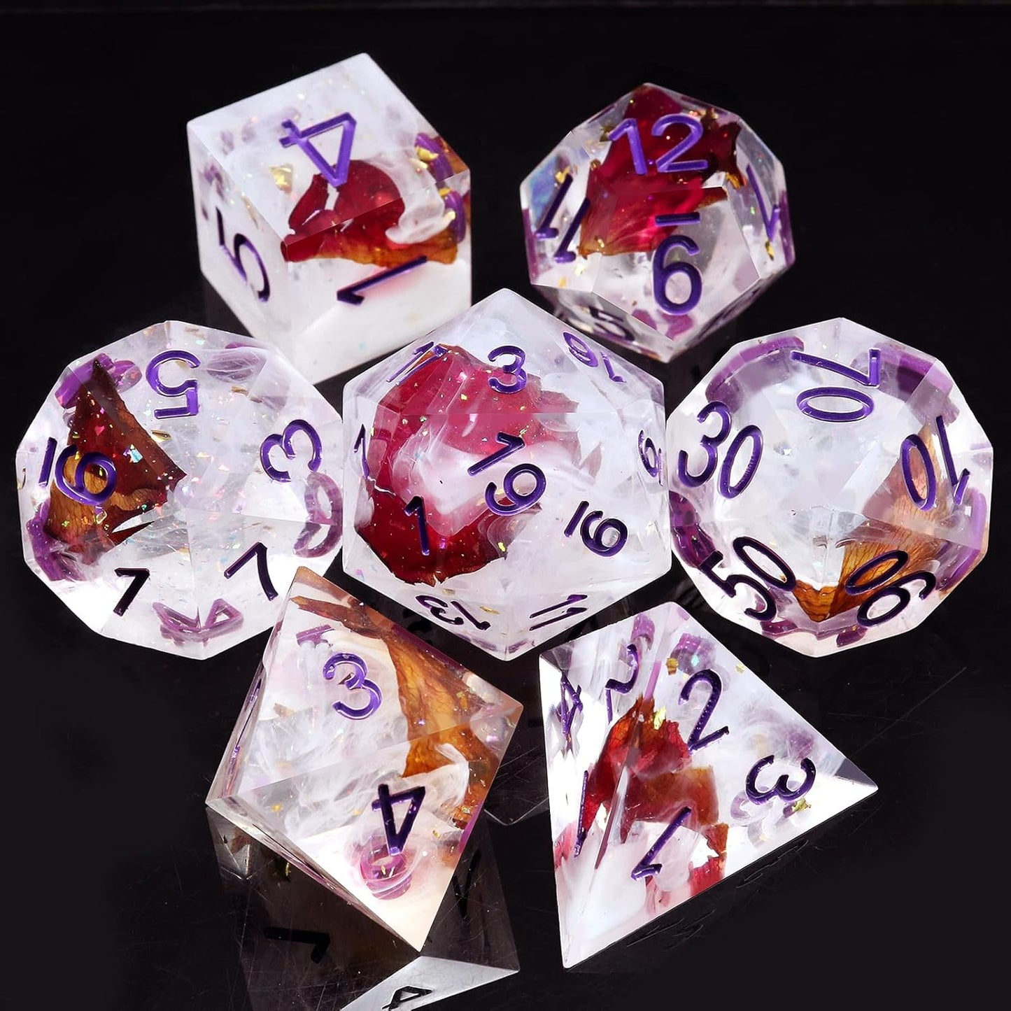 Haxtec DND Dice Set Rose Flower Sharp Edge Dice with Dice Case Handmade White Red Resin D&D Dice Set Purple Numbers for TTRPGs Compatible with Dungeons and Dragons Gifts