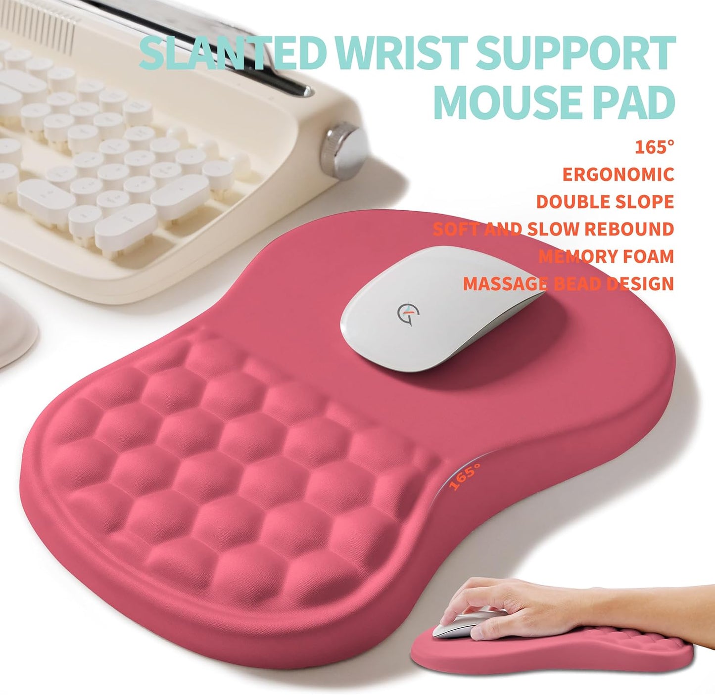 2-in-1 Ergonomic Set, Wave Rise Keyboard Wrist Rest and Massage Bulge Slope Mouse Pad Wrist Support, Cushion Memory Foam Integrated to Relieve Wrist Pain, Muskmelon Pink