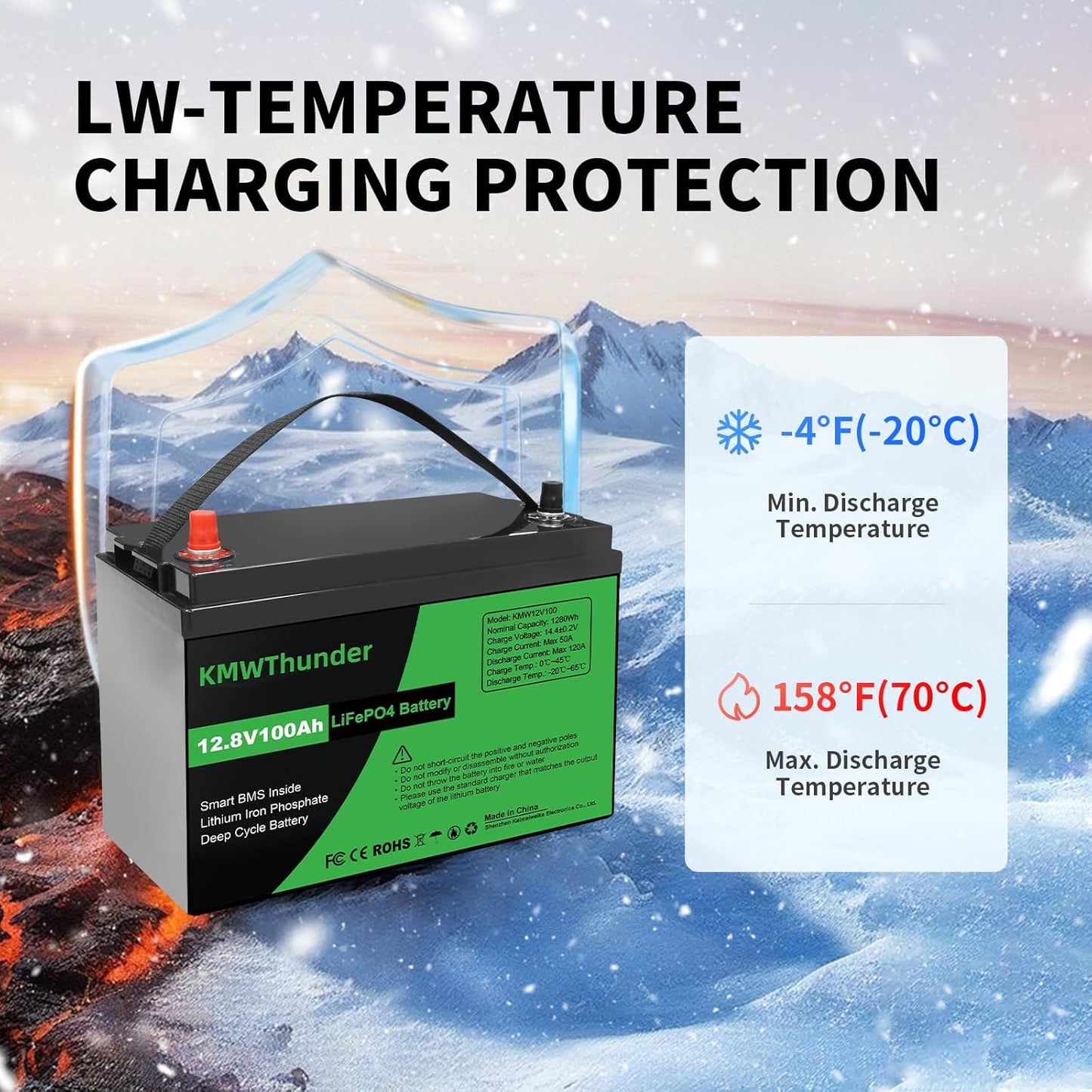 12V 100Ah LiFePO4 Lithium Battery, Built-in Smart BMS, Low Temperature Protection Group Deep Cycle Battery for Trolling Motor, RV, Solar, Marine, Camping and Off Grid Applications