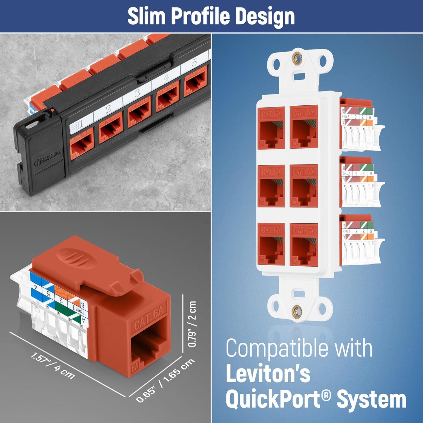 Everest 45° Angled RJ45 Cat6A Keystone Jacks 10-Pack in Orange - Slim Profile Female RJ45 Connectors - Cat 6A Keystone Jack - Compatible with 45° Angled Speed Termination Tool - 45Term (B0BL3GS7ZY)