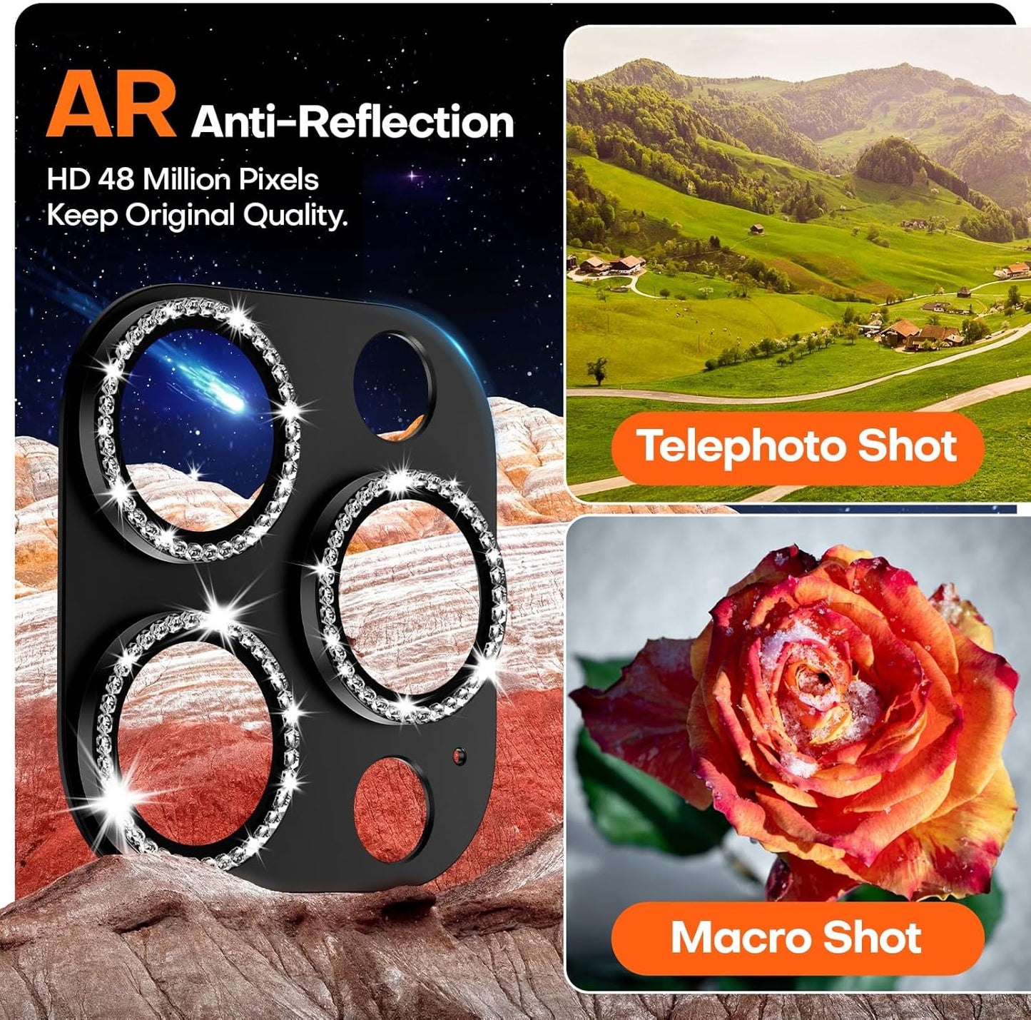 Camera Lens Protector for iPhone 16 Pro Max/16 Pro/15 Pro Max/15 Pro/14 Pro Max/14 Pro, Aluminum Alloy Sapphire Glass Camera Screen Cover, Case Friendly- Black Diamond
