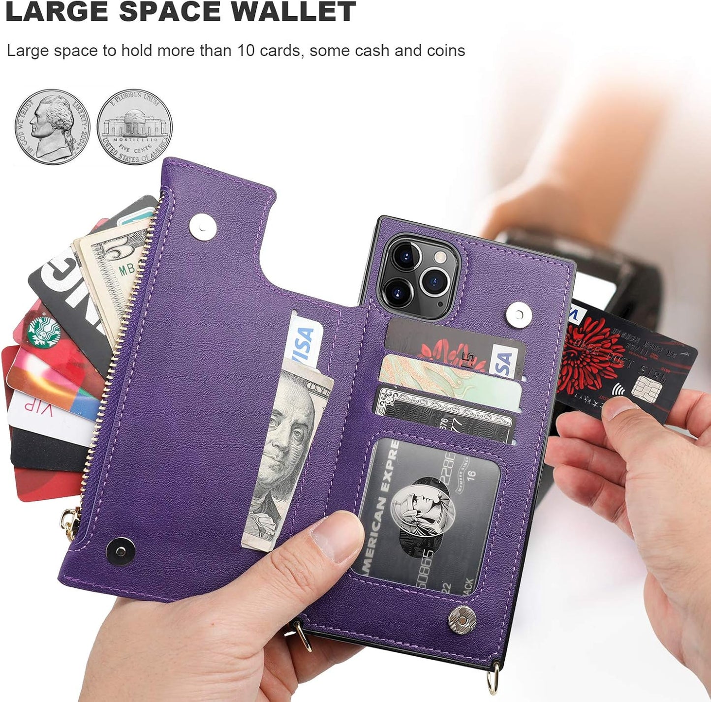 Bocasal Crossbody Wallet Case for iPhone 11 Pro Max with Card Holder,Zipper Card Slot Protector Shockproof Purse Cover with Removable Cross Body Strap 6.5 Inch(Purple)