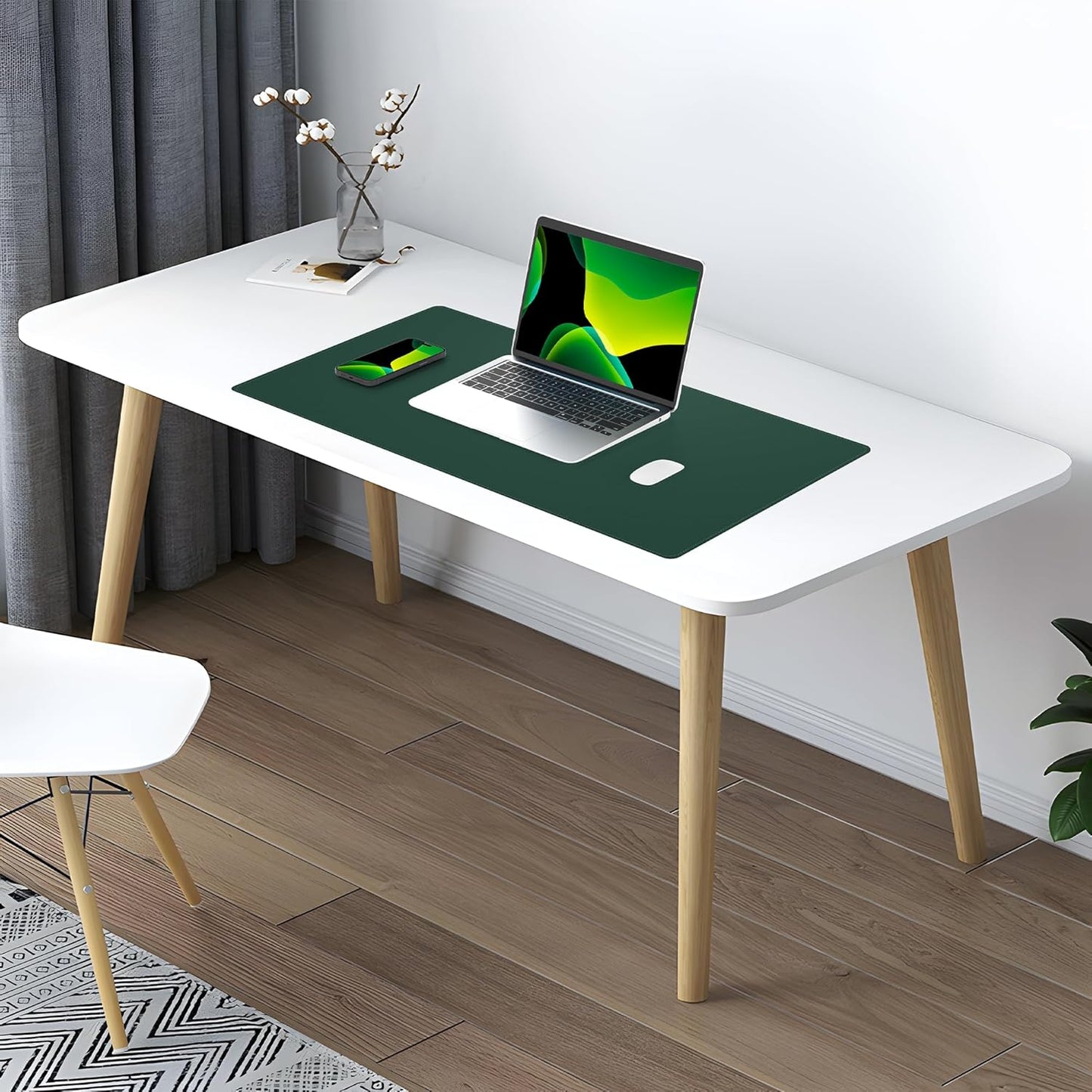 AFIING Dual-Sided Desk Pad, Natural Cork & PU Leather, Desk Mat Protector Non-Slip, Waterproof, Easy Clean,Large Mouse mats for Office and Home Work(Dark Green, 31.5"x17")