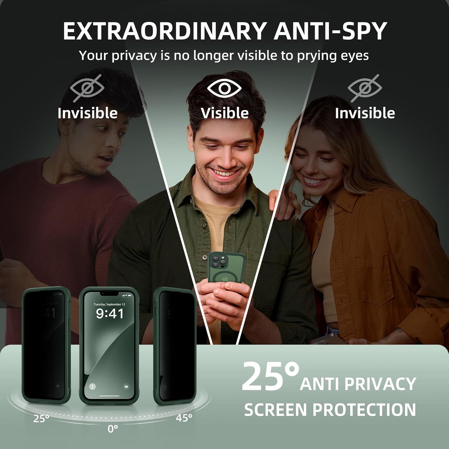 BERFY Magnetic for iPhone 13 Pro Max Case, Compatible with MagSafe, Built-in Privacy Screen Protector and Upgraded Camera Protection, Anti-Spy Full Body Shockproof Phone Case for 13 Pro Max 6.7",Green