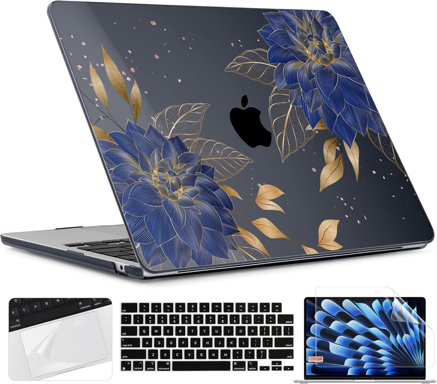 TWOLSKOO Compatible with M4 MacBook Air 15 inch Case 2025-2023 Released Model M4 A3241 M3 A3114 M2 A2941, Plastic Hard Shell & Screen Protector & Keyboard Cover & Trackpad Film, Dahlia Flowers