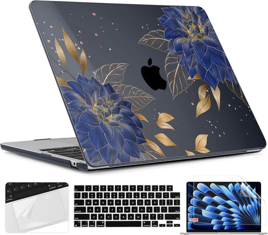 TWOLSKOO Compatible with M4 MacBook Air 15 inch Case 2025-2023 Released Model M4 A3241 M3 A3114 M2 A2941, Plastic Hard Shell & Screen Protector & Keyboard Cover & Trackpad Film, Dahlia Flowers