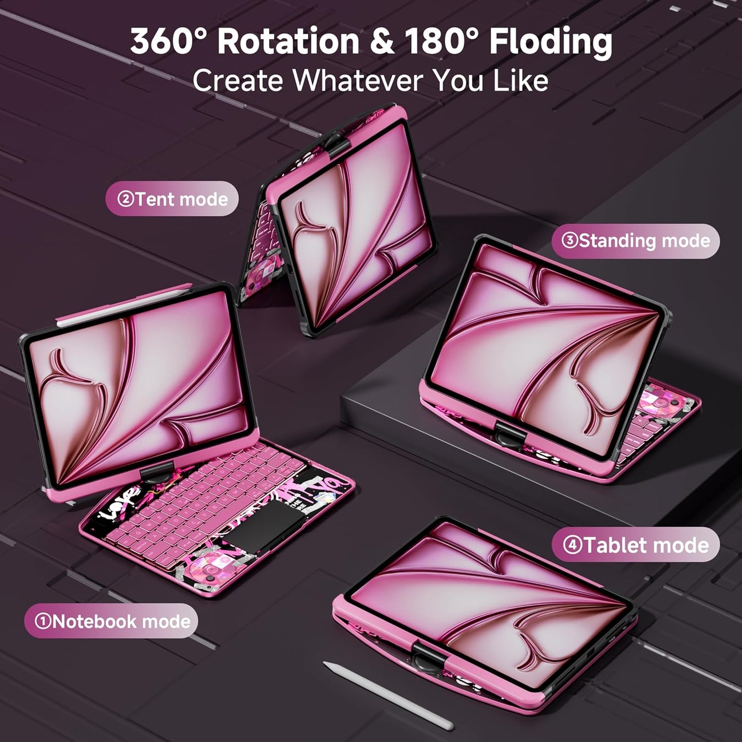 iPad Keyboard Case for 2024 M4 iPad Pro 13 inch, Magic Wireless Keyboard with Trackpad 7 Color Backlit, 360° Rotating Stand Transparent Protective Cover with Pencil Holder (Pink)