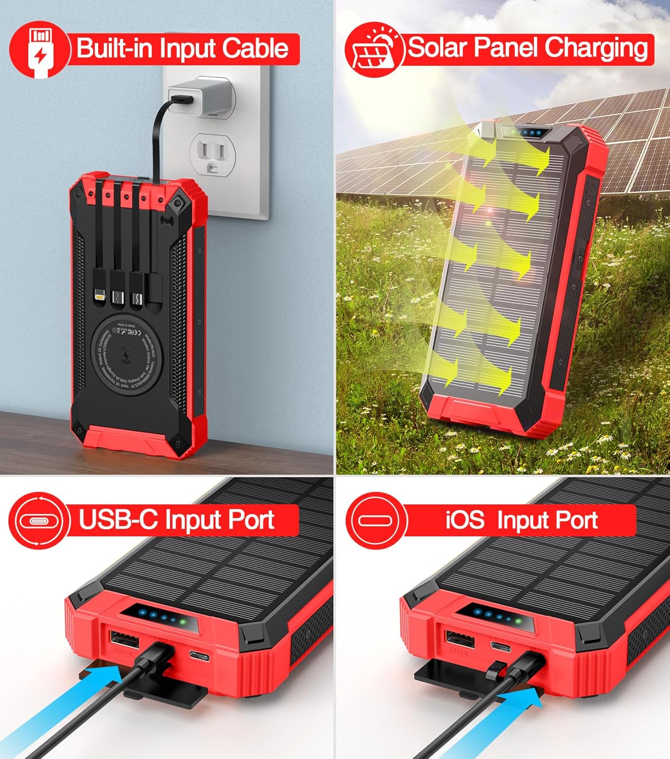 GOODaaa Power Bank Wireless Charger 36000mAh Built in 4 Cables Six Outputs 15W Fast Charging Power Bank for All Mobile Devices Three Inputs Solar Portable Charger with Dual Flashlights, Carabiner