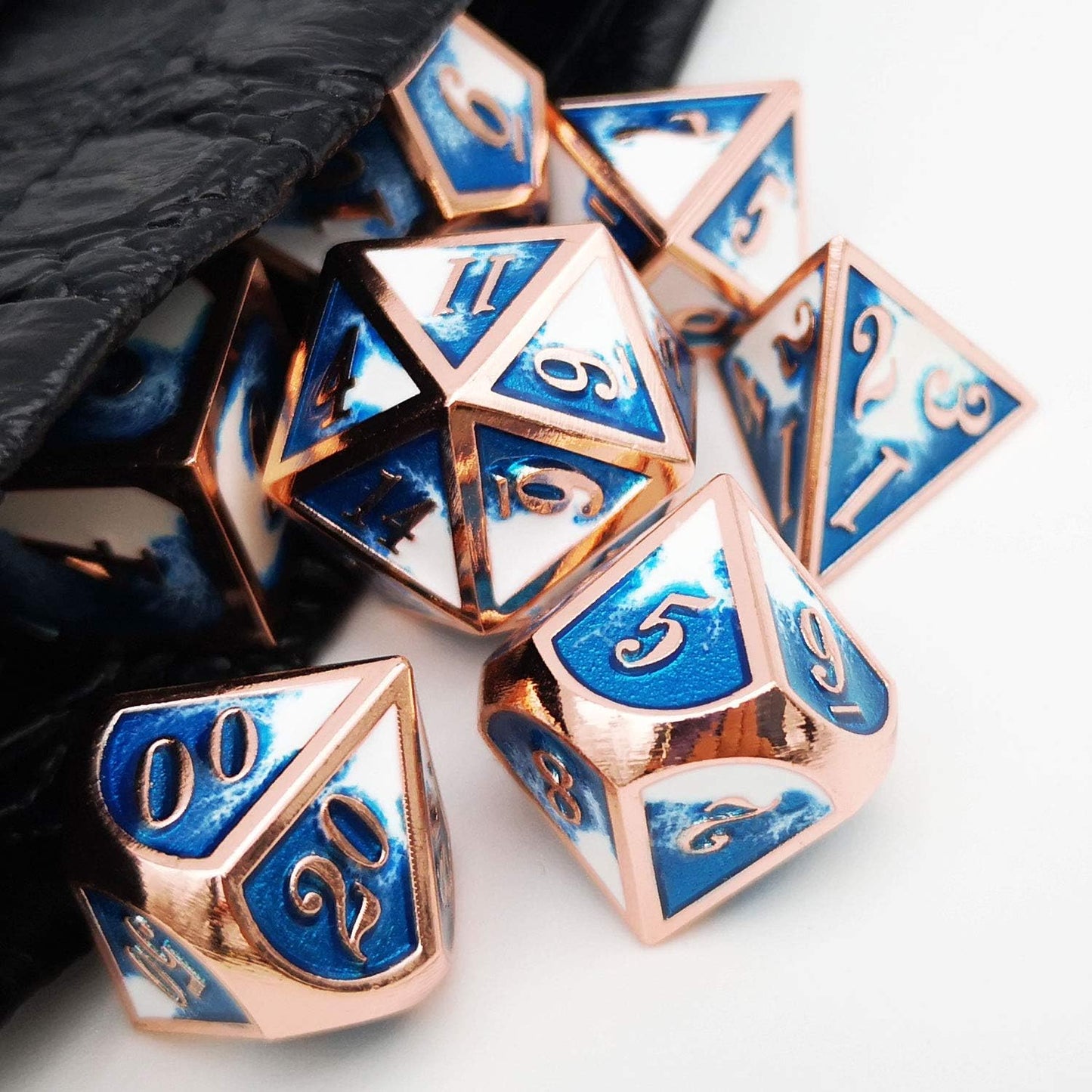 Haxtec Metal DND Dice Set Copper Blue White D&D Dice with Leather Dice Bag Compatible with Dungeons and Dragons RPG-Ice Dragon Bait