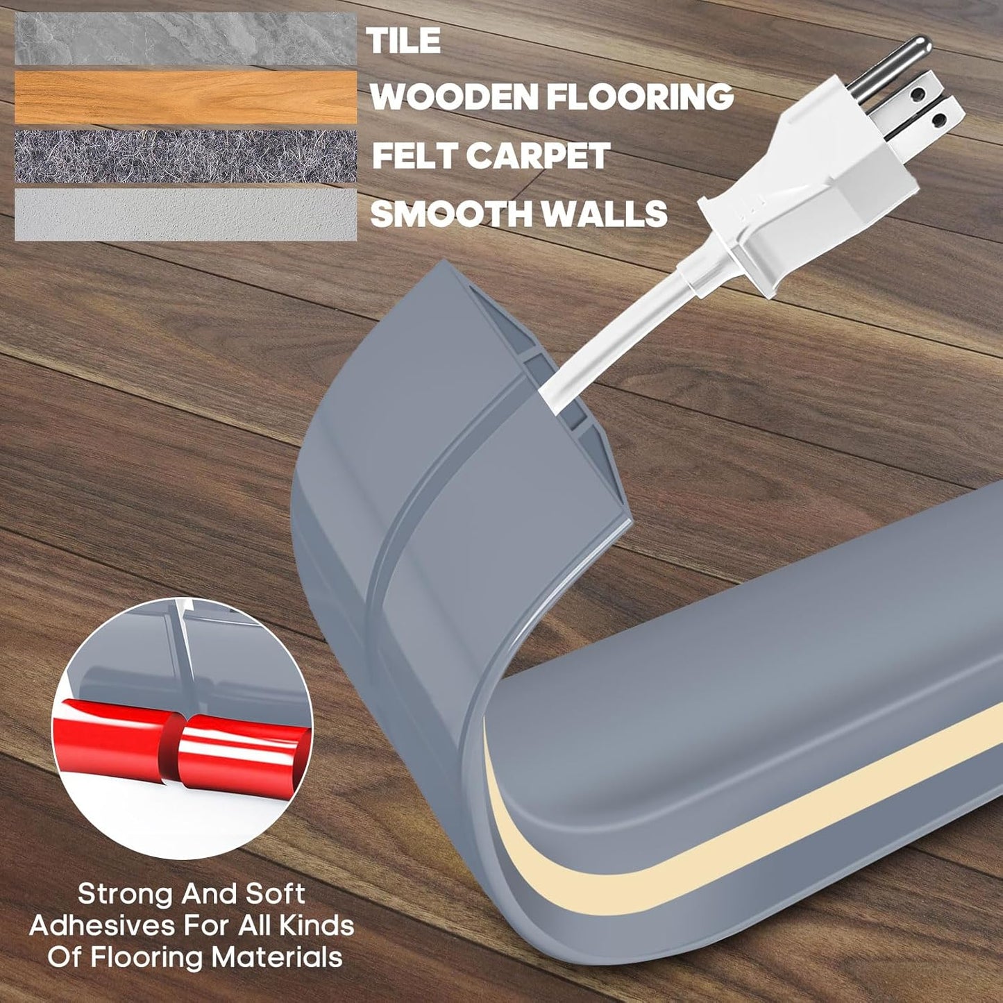 10ft Large Grey Floor Cord Cover, Self-2" (W) x 0.6"(H), Cable Cavity:0.8"(W) x 0.4"(H), Adhesive Power Cable Protector, Silicone Cord Protector, Cord Management, Cord Concealer and Cable Hider