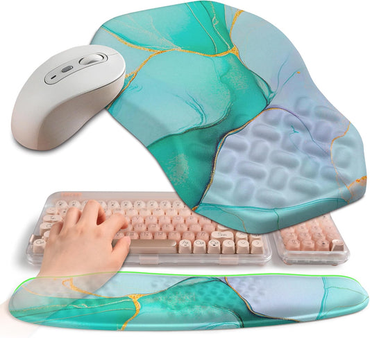 2-in-1 Ergonomic Set, Wave Keyboard Wrist Rest and Massage Slope Mouse Pad Wrist Support, Rebound Memory Foam for Relieve Carpal Tunnel Syndrome and Wrist Pain (Green Gold Marble)