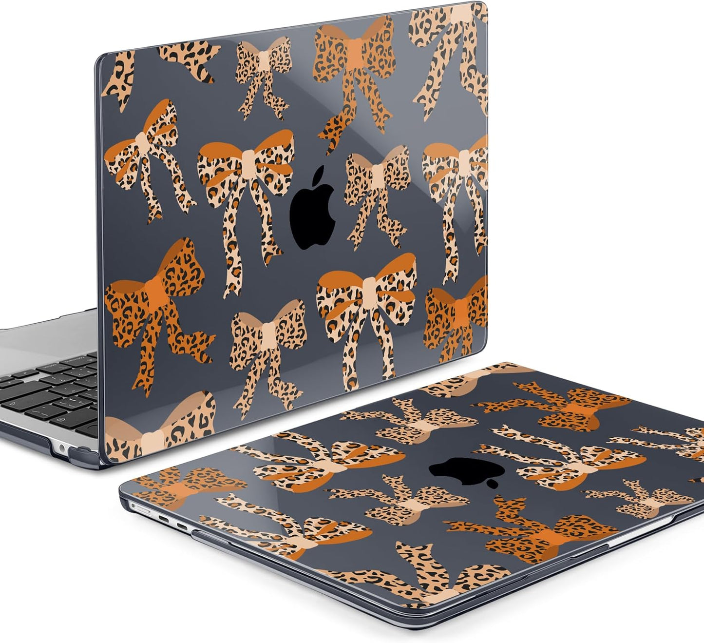 MEEgoodo for M4/M3/M2 MacBook Air 15.3 inch Case 2025 2024 2023, Case Fit Model (A3241/A3114/A2941) for MacBook Air 15 inch, Laptop Hard Shell with Keyboard Cover, Ribbon Bow with Leopard Skin