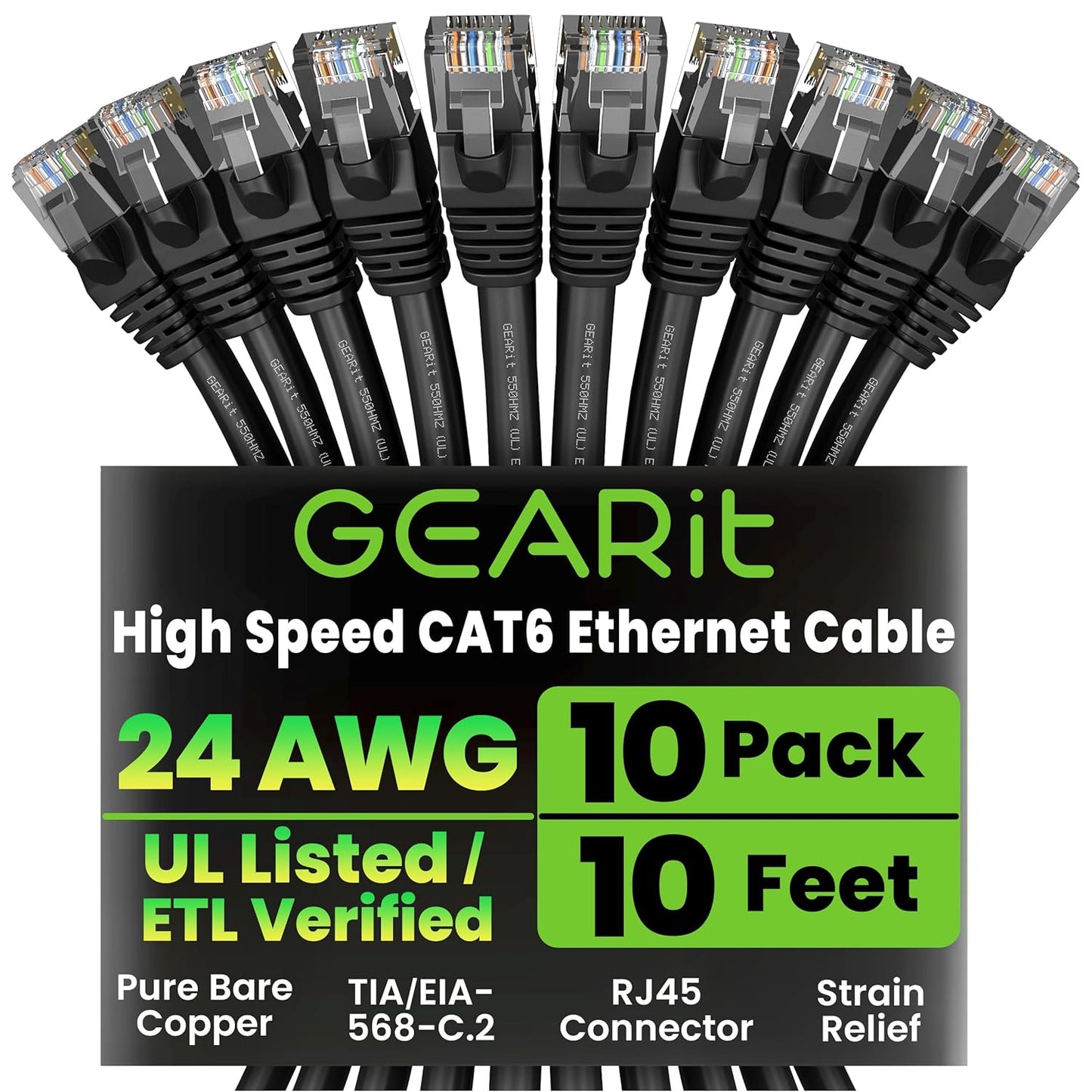 GEARit Cat 6 Ethernet Cable Pack – 10-Pack 10 ft Cat6 Ethernet Patch Cables | RJ45 Network Patch Cable, 10 Gbps Snagless Gold-Plated Connectors – Ethernet Cable Cat 6 for PC, TV, Router – Black