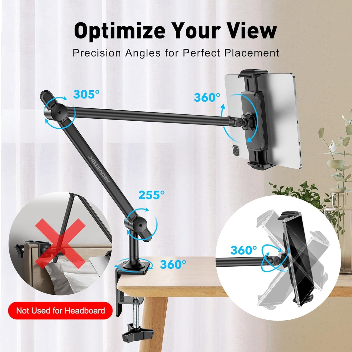 AboveTEK Tablet Stand Holder, Aluminum iPad Holder for Desk & Bed, Adjustable Arm Clamp Mount with 360° Rotation, Overhead Compatible with 4.7"-13.5" iPad Pro/Air/Mini, iPhone, Galaxy Tab- Black