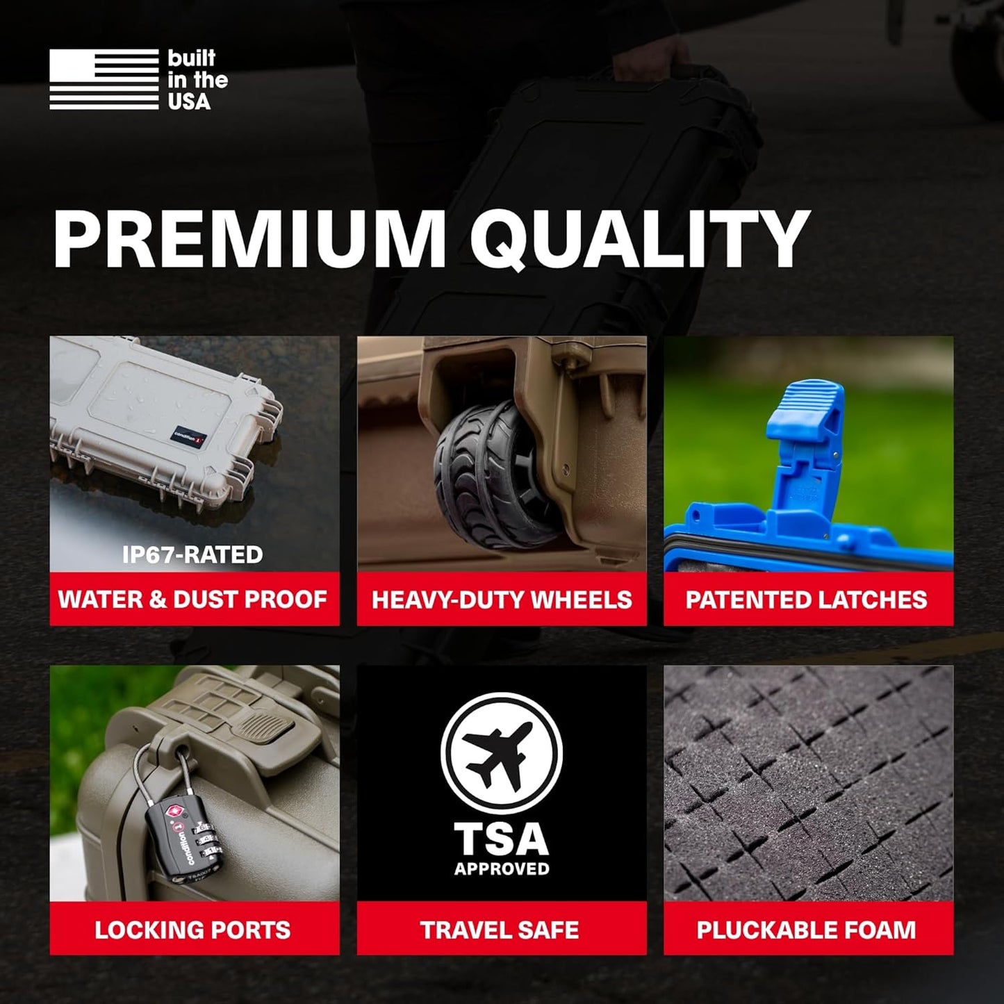 Condition 1 45" Long Hard Shell Carrying Case Model 2191 with Wheels, Waterproof, Protective, Storage for Music Equipment, Camera, Travel Case, Made in USA, 44.52"x16.30"x12.90" Black