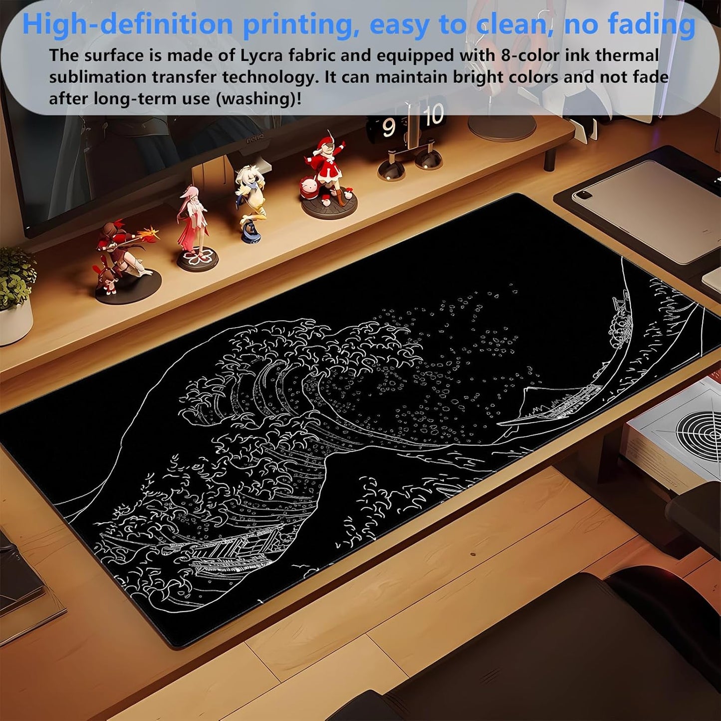 Japanese Great Wave Off Kanagawa Gaming Mouse Pad - XL Extended Ukiyo-e Art Desk Mat, Non-Slip Waterproof Rubber Base & Stitched Edges, 31.5 x 15.7 Inch Large Computer Mousepad