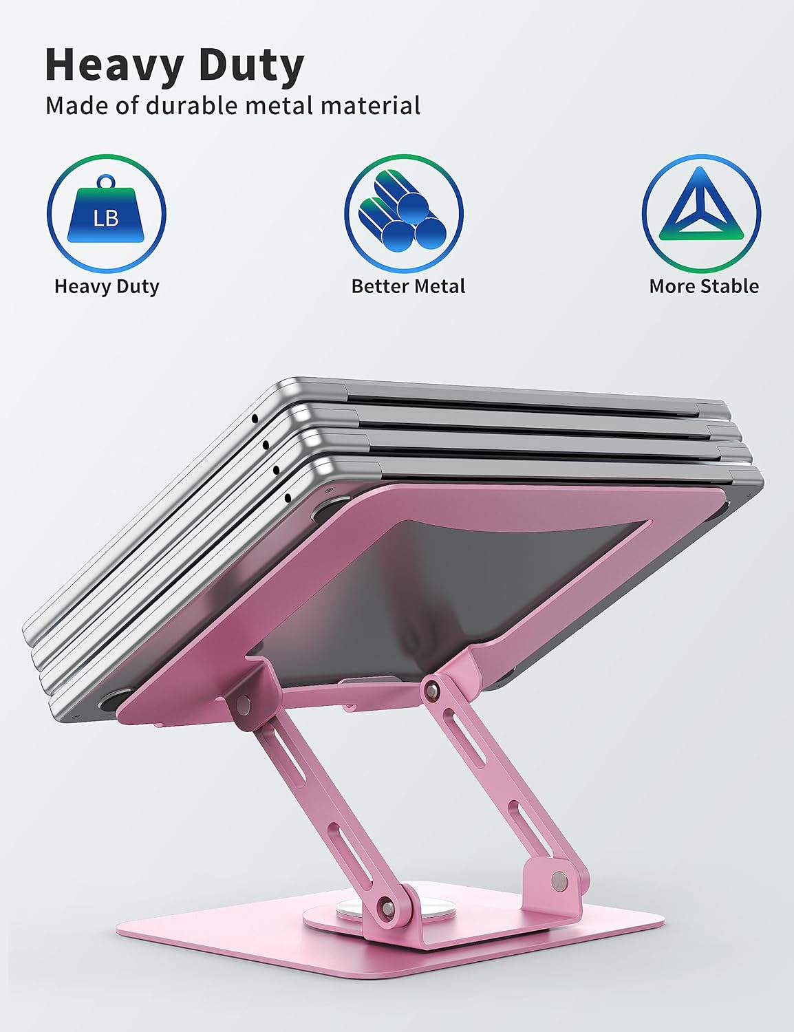 SOUNDANCE Laptop Stand with 360° Rotating Base, Ergonomic Computer Riser for Desk, Adjutable Height Muti-Angle, Foldable Laptop Mount, Stable Metal Holder Support 10-15.6" Notebook PC, Pink