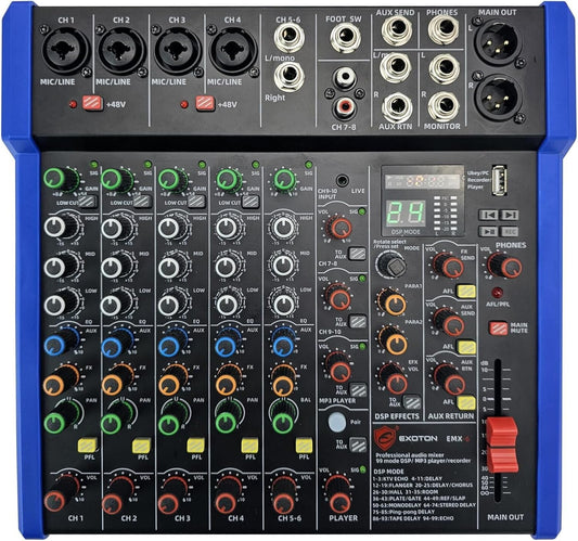 EXOTON Professional Audio Mixer Console, 6 Channel with USB, Bluetooth, MP3 Input, 48V Phantom Power, Ideal for Studio, Live Performance, and DJ Use