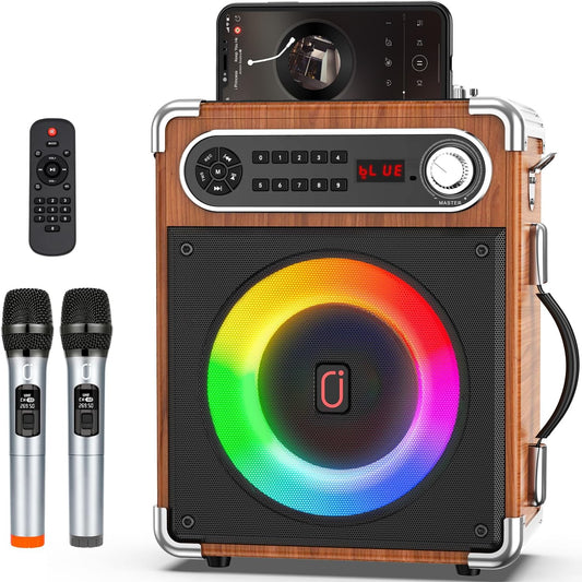 Bluetooth Speaker with Two Wireless Microphones, Outdoor Speaker with Subwoofer/Tweeter, Portable PA Speaker System with Remote Control, Discol Lights, FM, REC for Home, Party