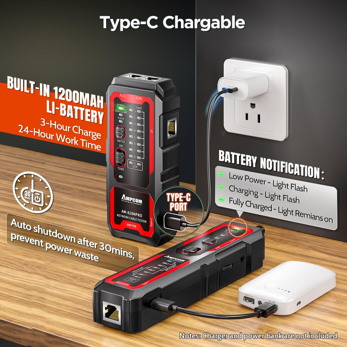 AMPCOM Wire Tracker & Network Cable Tester with PoE Detection, NCV Voltage Detection, RJ45/RJ11 Line Tracer, Type-C Rechargeable, LED Light, for LAN/Ethernet/Telephone Continuity Testing