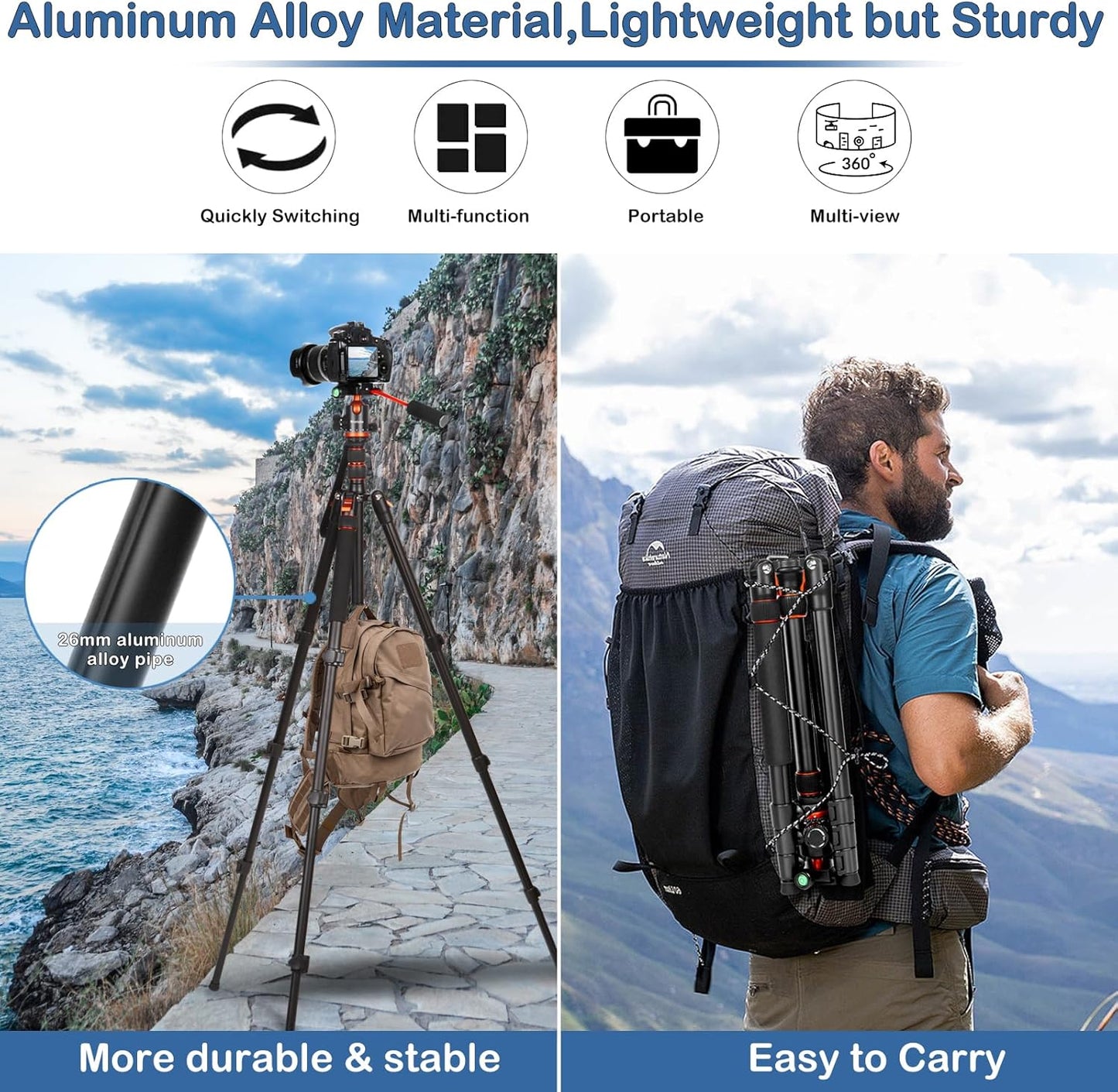 68" Tripod for Camera & Shooting Tripods, 2 in1 Camera Tripods & Monopods with Handle, Aluminum Rifle Tripod & Hunting Stick, Heavy Duty Tripod for DSLR,Canon,Nikon,Sony and Gun,Extra Carry Bag