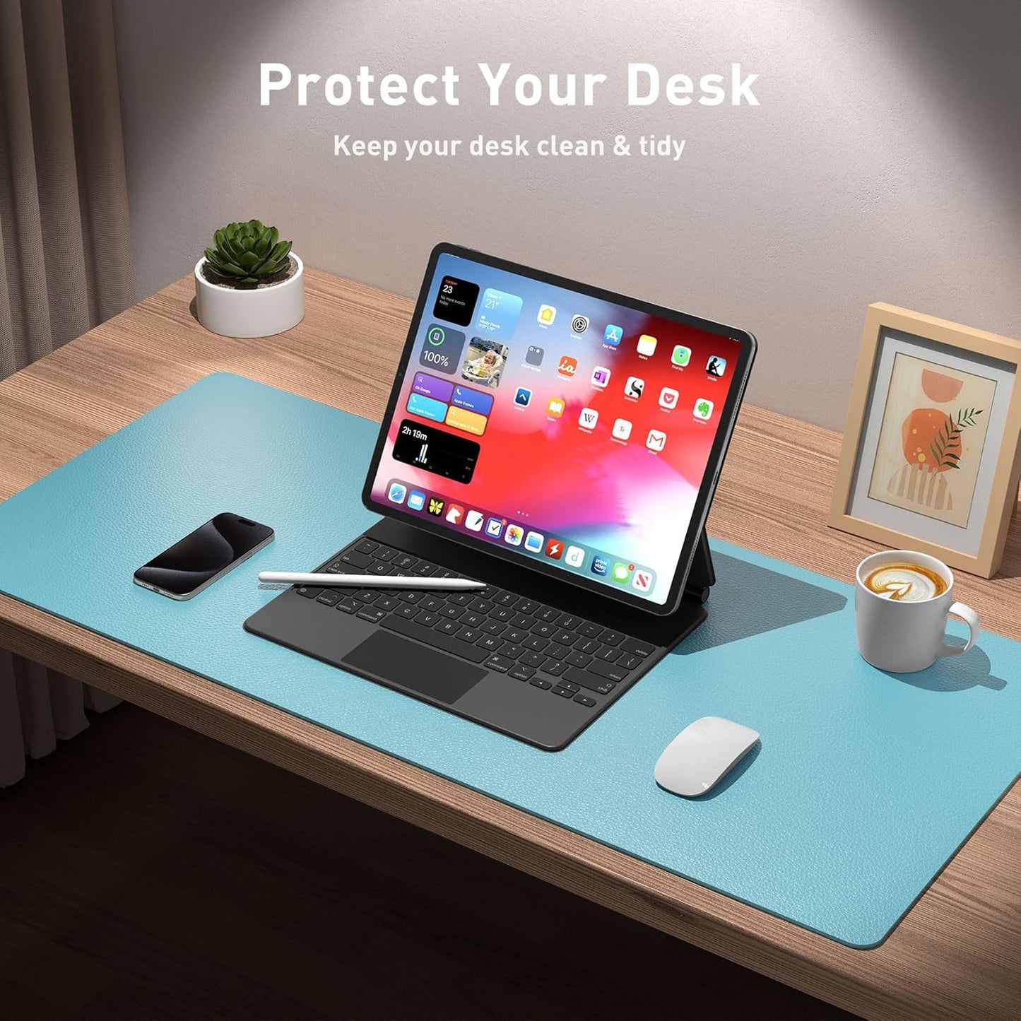 Aothia Large PU Leather Desk Pad Protector – Non-Slip Mouse Pad & Writing Mat for Office/Home, Waterproof, Easy to Clean(23.6" x 13.7", Blue Topaz)