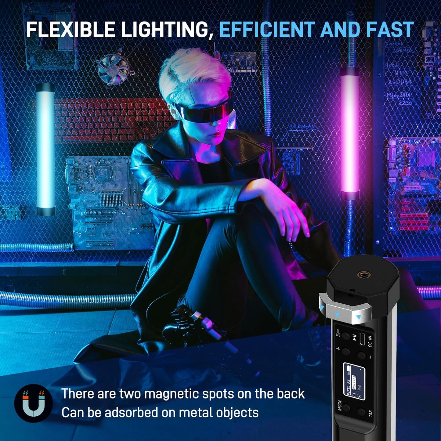 GVM RGB Tube Light with Spotlight, Magnetic Handheld Photography Light, Full-Color LED Stick Light 2000K-10000K CRI97+ Video Light with 3300mAh Built-in Battery, 6 Pixel Effects 12 Lighting Scenes