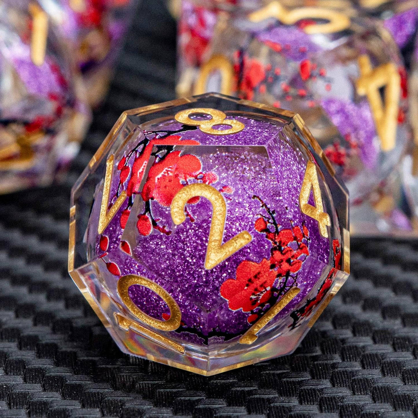 ARUOHHA DND Resin Dice Plum Blossom Liquid Core Purple Sharp Edged Polyhedral Dragons Dice Set with Gift Box, Dungeons D and D Dice Role Playing Game D20 D12 D10 D8 D6 D4
