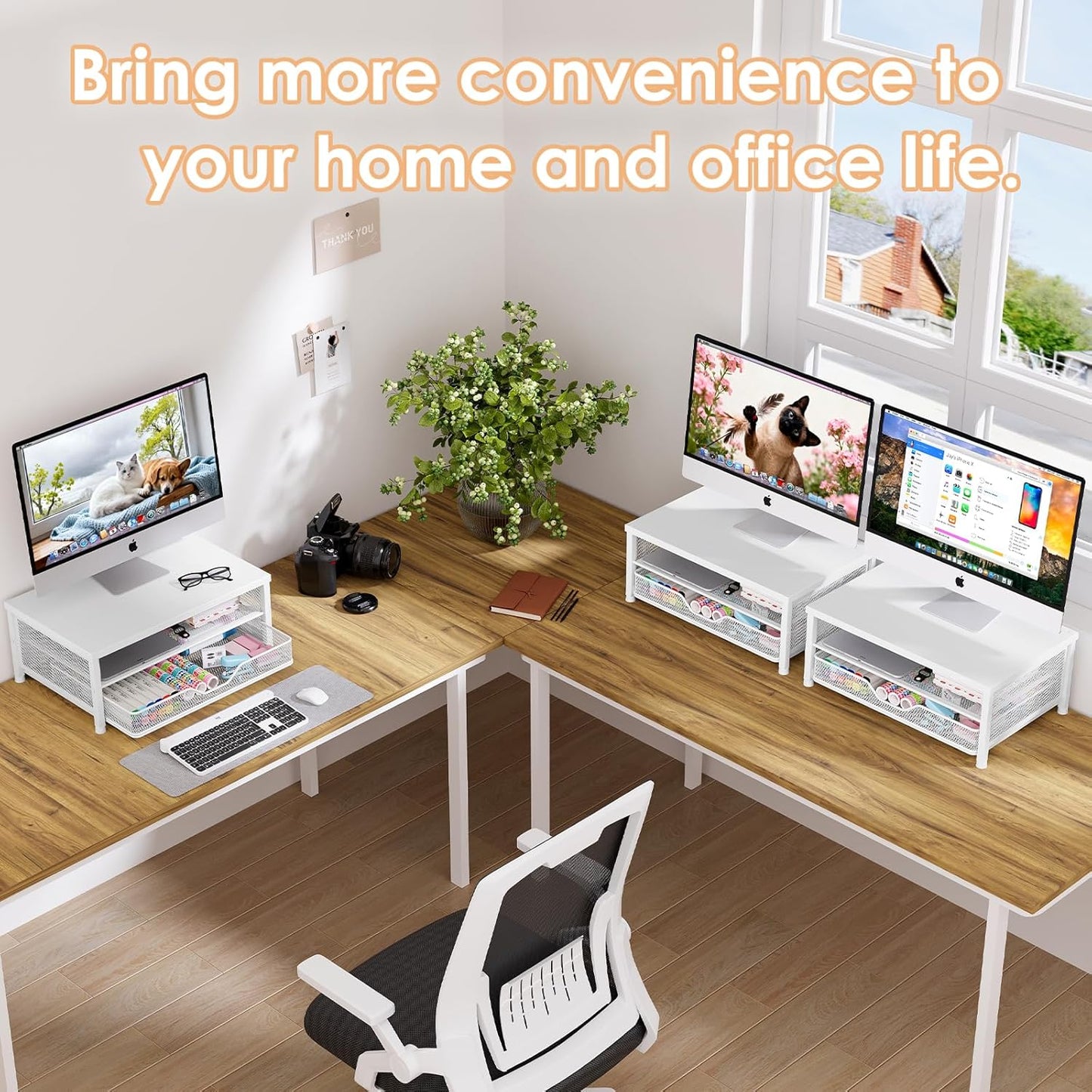 Desk Organizers and Accessories, 2-Tier Computer Monitor Stand Riser with Drawer, Laptop Stand, Office Desk Accessories, Workspace Desktop Organizer for Office Supplies, White