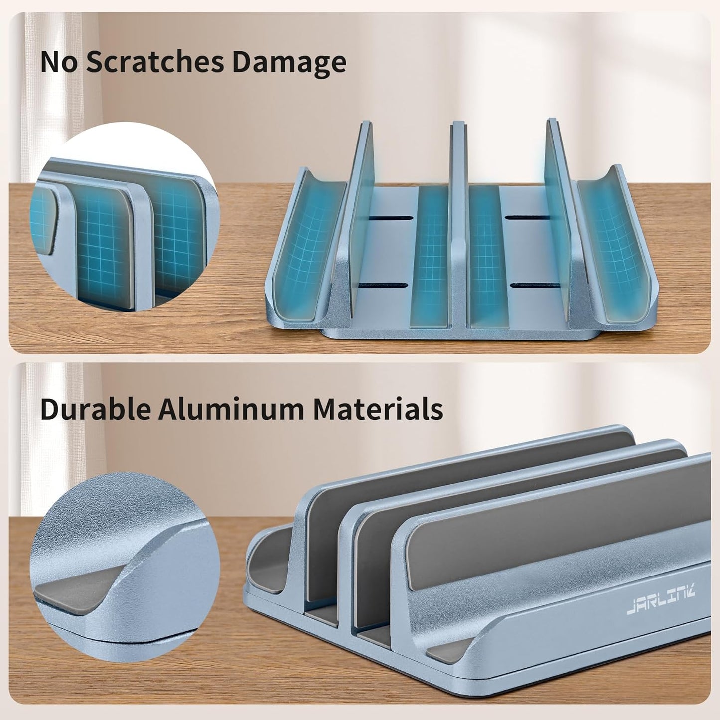 JARLINK 4-in-1 Adjustable Vertical Laptop Stand Holder, Aluminum Dual Slots Laptop Rack for Desk, Space-Saving Organizer Compatible with All MacBook, Surface, Chromebook, and Gaming Laptops (Grey)