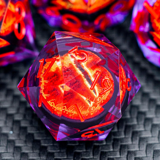 ARUOHHA DND Resin Dice Gazes Eye Dice Purple Red Liquid Core Flaming RPG Sharp Edged Dice Set with Gift Box, Polyhedral D and D Dice Set Compatible with Dungeons Dragons Role Playing Game D20 D6