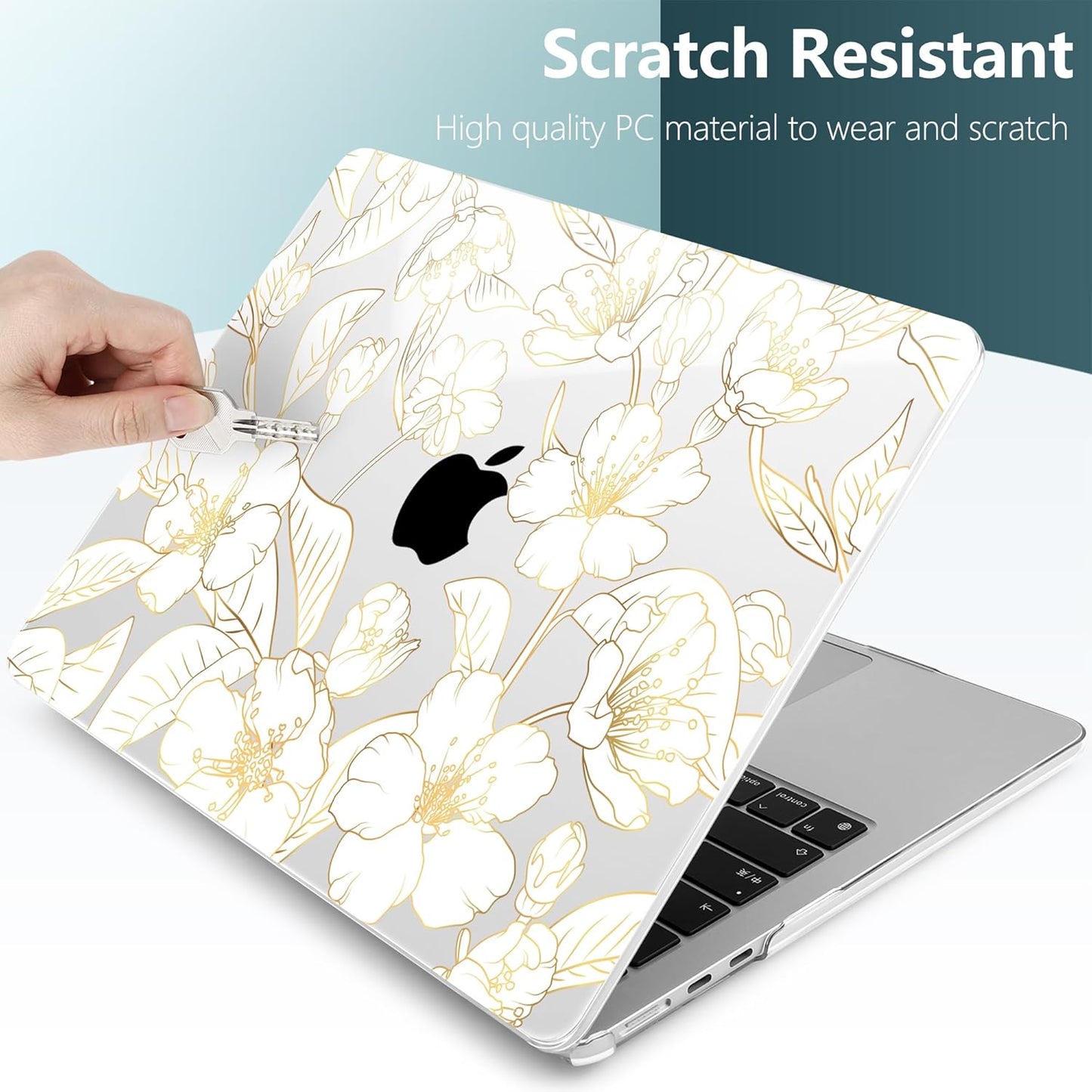 TWOLSKOO Compatible with M4 MacBook Air 15 inch Case 2025-2023 Released Model M4 A3241 M3 A3114 M2 A2941, Plastic Hard Shell & Screen Protector & Keyboard Cover & Type C Adapter, Gold Cherry Blossom