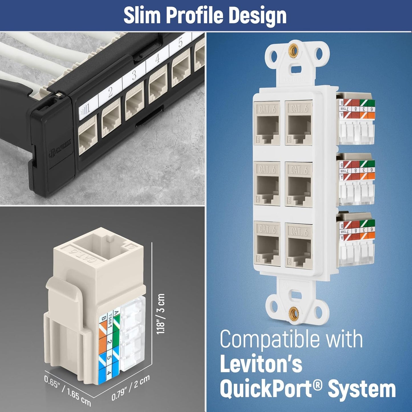 Everest 90° Angled RJ45 Cat6A Keystone Jacks 10-Pack in Light Almond - Slim Profile Female RJ45 Connectors - Cat 6A Keystone Jack - Compatible with 90° Angled Speed Termination Tool - easyJACK