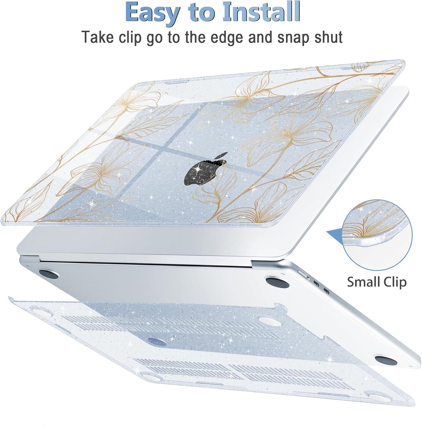 Mektron for 2025 MacBook Air 15 inch M4 Case A3241/ 2024 M3 A3114/ 2023 A2941 M2 Hard Printed Cover with 15.3 Liquid Retina Display Touch ID with Keyboard Skin- Gold Flower S718-Glitter Blue