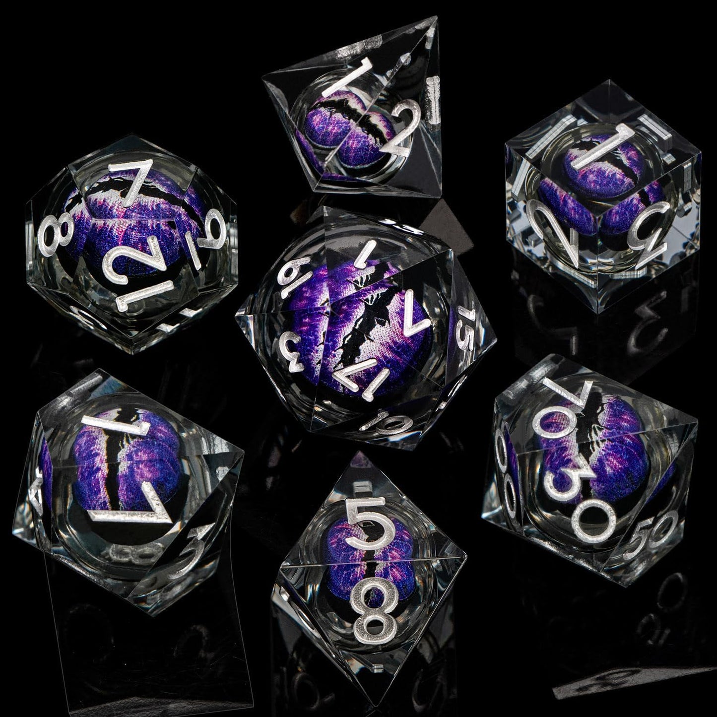 ARUOHHA DND Resin Dice Dragon Eye Dice Liquid Core Purple Sharp Edged Dice Set with Gift Box, Dungeons Polyhedral D and D Dice Set Compatible with D&D Role Playing Game D20 D12 D10 D8 D6