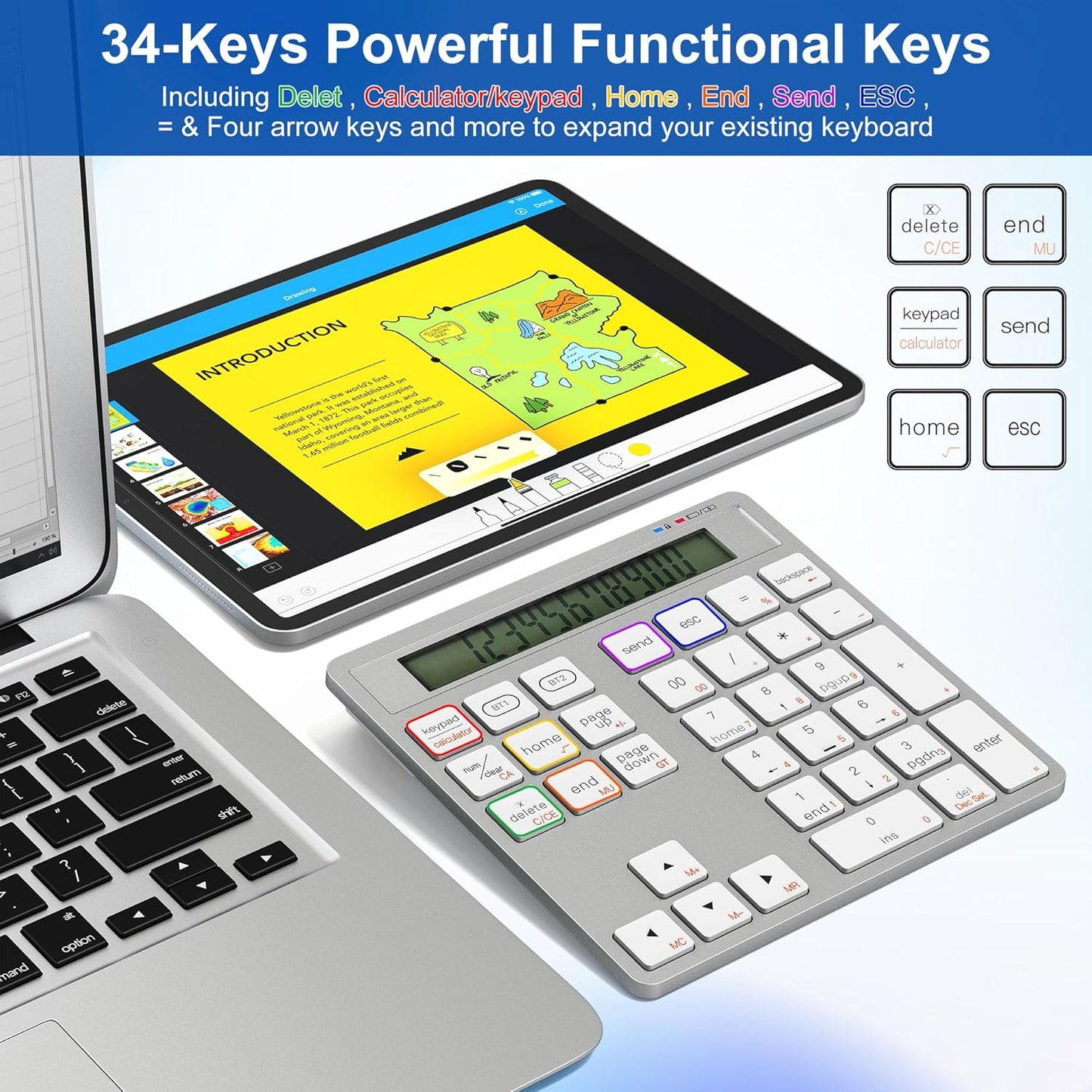 2-in-1 Wireless Number Pad & Calculator, Bluetooth 5.0 Numeric Keypad with USB-C Charging, 34-Key Portable Number Pad for Laptop, MacBook, PC, Windows, iOS & Android Devices