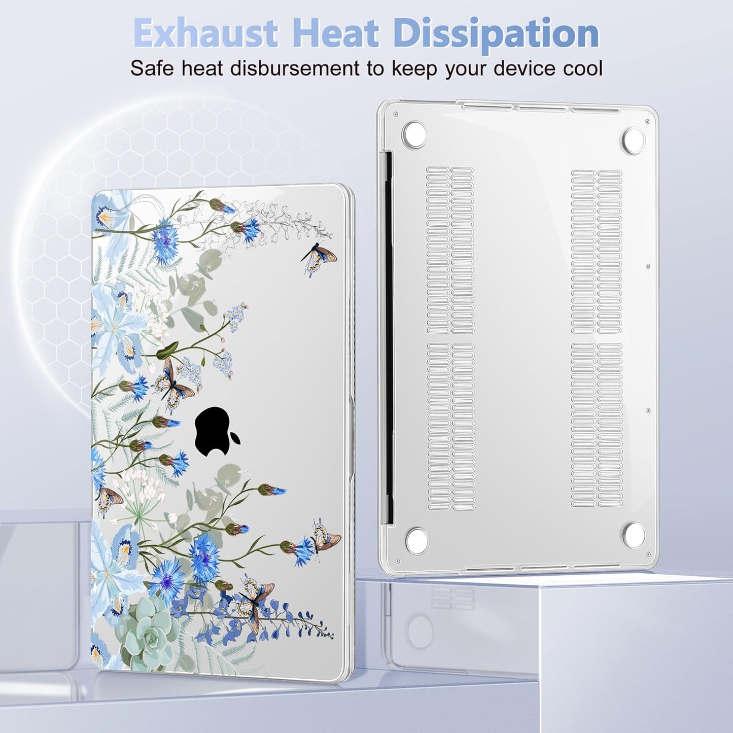 May Chen Compatible with MacBook Pro 13 inch Case with Touch Bar 2022 2021 2020 Release A2338 M1/M2 A2251 A2289, Plastic Hard Shell Case with Keyboard Cover + Dust Plug, Blue Flowers Leaves