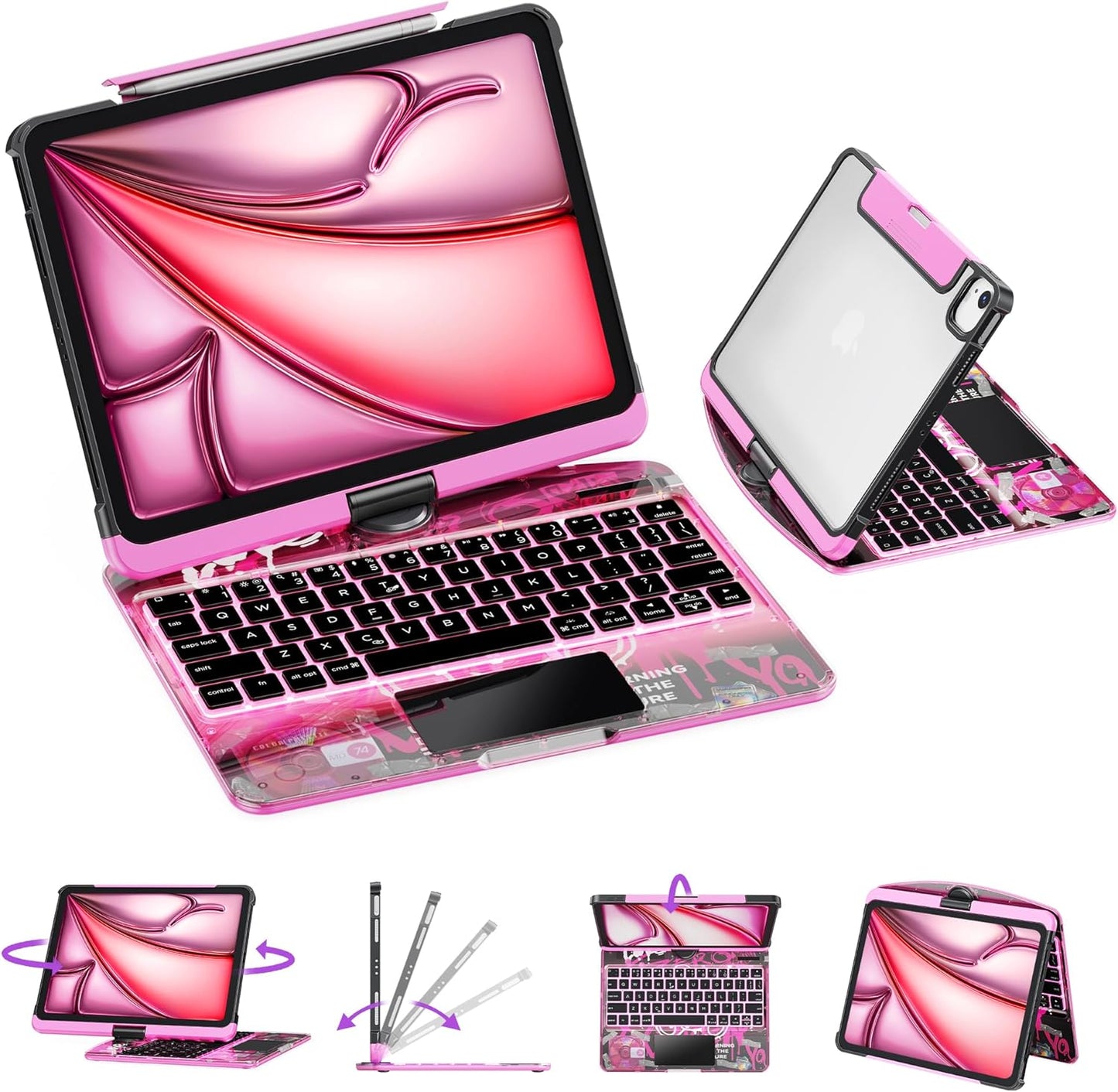 GUSGU Transparent Case with Wireless Keyboard only for 2024 iPad Pro 13-in.(M4), 7 Colors Backlight, Trackpad, 360°Rotating Stand for iPad Pro 13, Tech Style