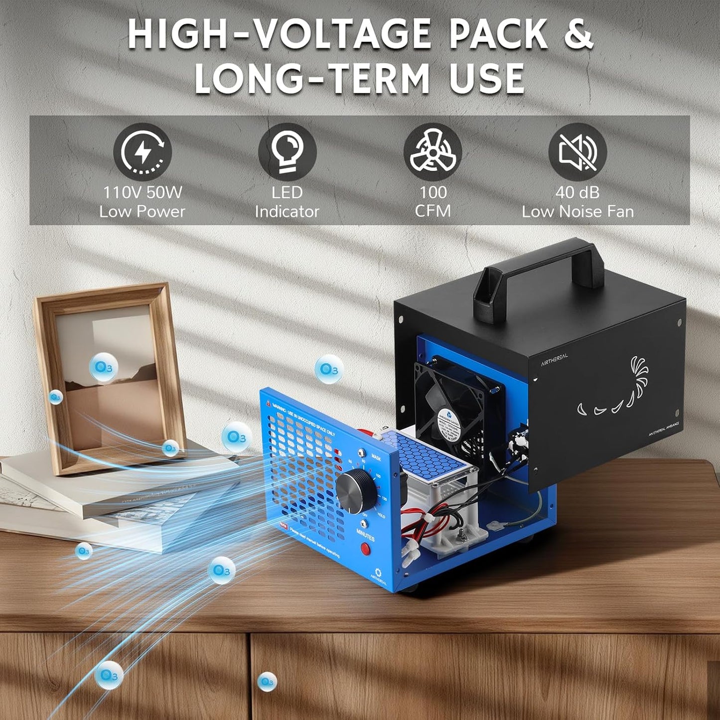 Airthereal MA5K Ozone Generator for Home, Ozone Air Ionizer Odor Eliminator with 120-Min Timer, Lightweight Design, Odor Removal for Car, Smoke, Pets, Basements, Covers Up to 2,000 Sq. Ft., Blue