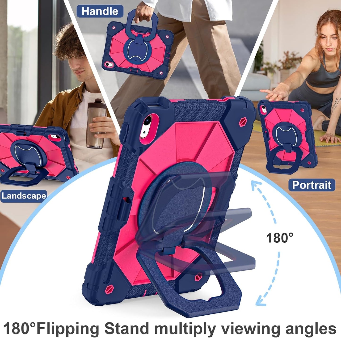 Case for iPad (A16) 11th Generation 11 Inch (2025) / iPad 10th Generation Case 10.9 Inch (2022) with 360° Rotating Stand Screen Protector Pen Holder Shoulder Strap, Navy Pink
