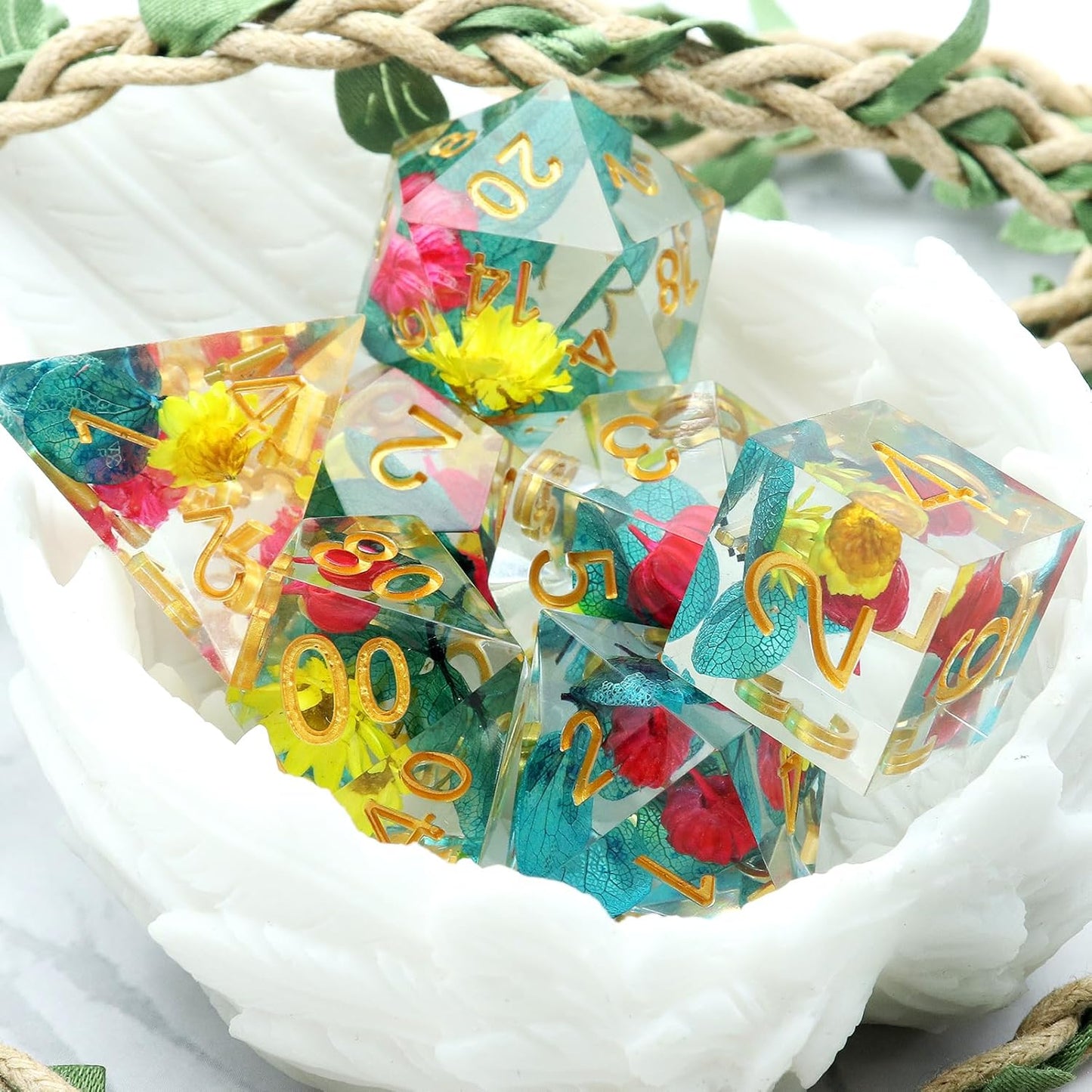 Haxtec Flower Sharp Edge Dice Resin DND Dice Set 7PCS Yellow Blue Red Polyhedral D&D Dice for Role Playing Dice Games Compatible with Dungeons and Dragons