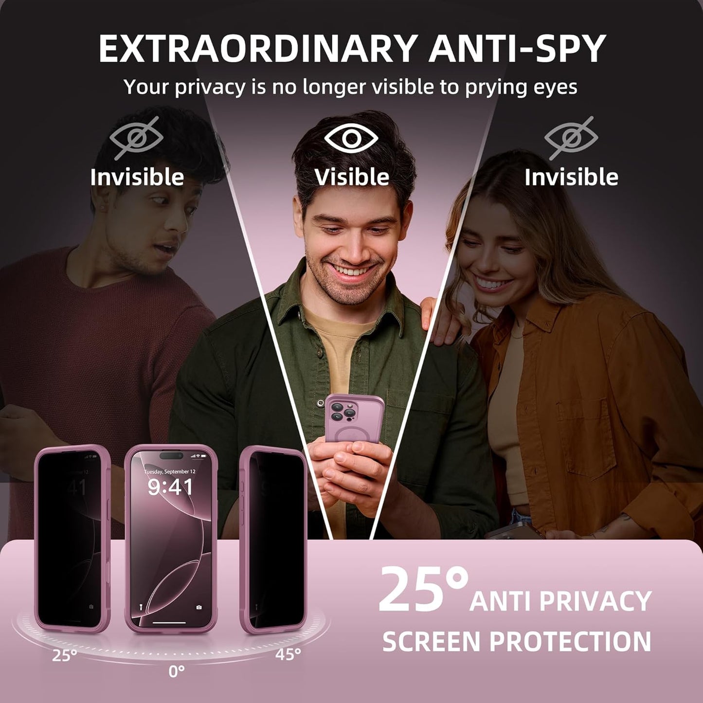 BERFY Magnetic for iPhone 16 Pro Case, Compatible with MagSafe, Built-in Privacy Screen Protector and Upgraded Camera Protection, Anti-Spy Full Body Shockproof Phone Case for 16 Pro 6.3",Palevioletred