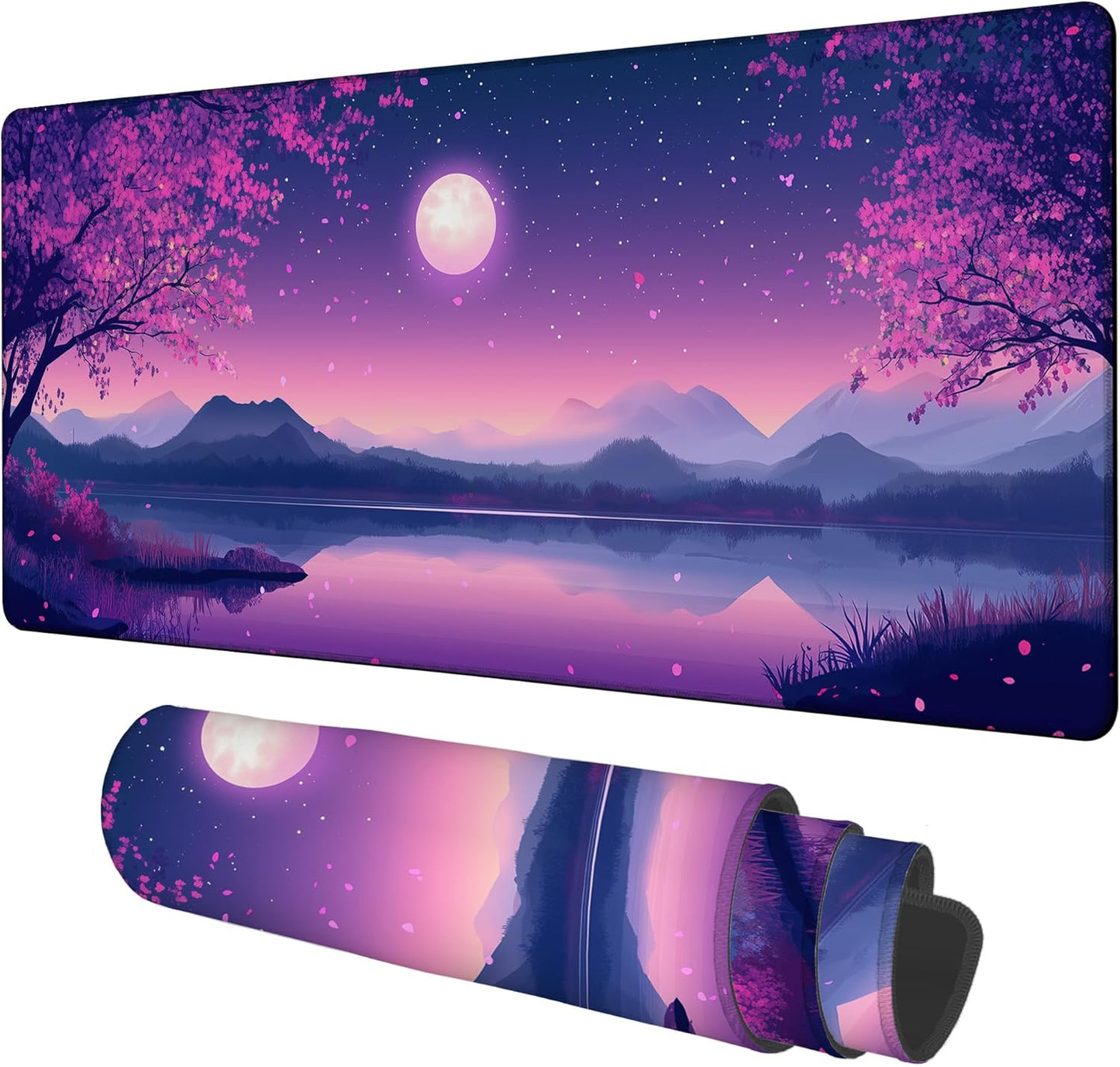 Gaming Desk Pad Large Extra Length Starry Sky Full Moon Mouse Pad Keyboard Laptop Non-Slip Waterproof with Rubber Base Thick Stitched Edge Mouse Mat for Office Home 35.4 x 15.7 Inches