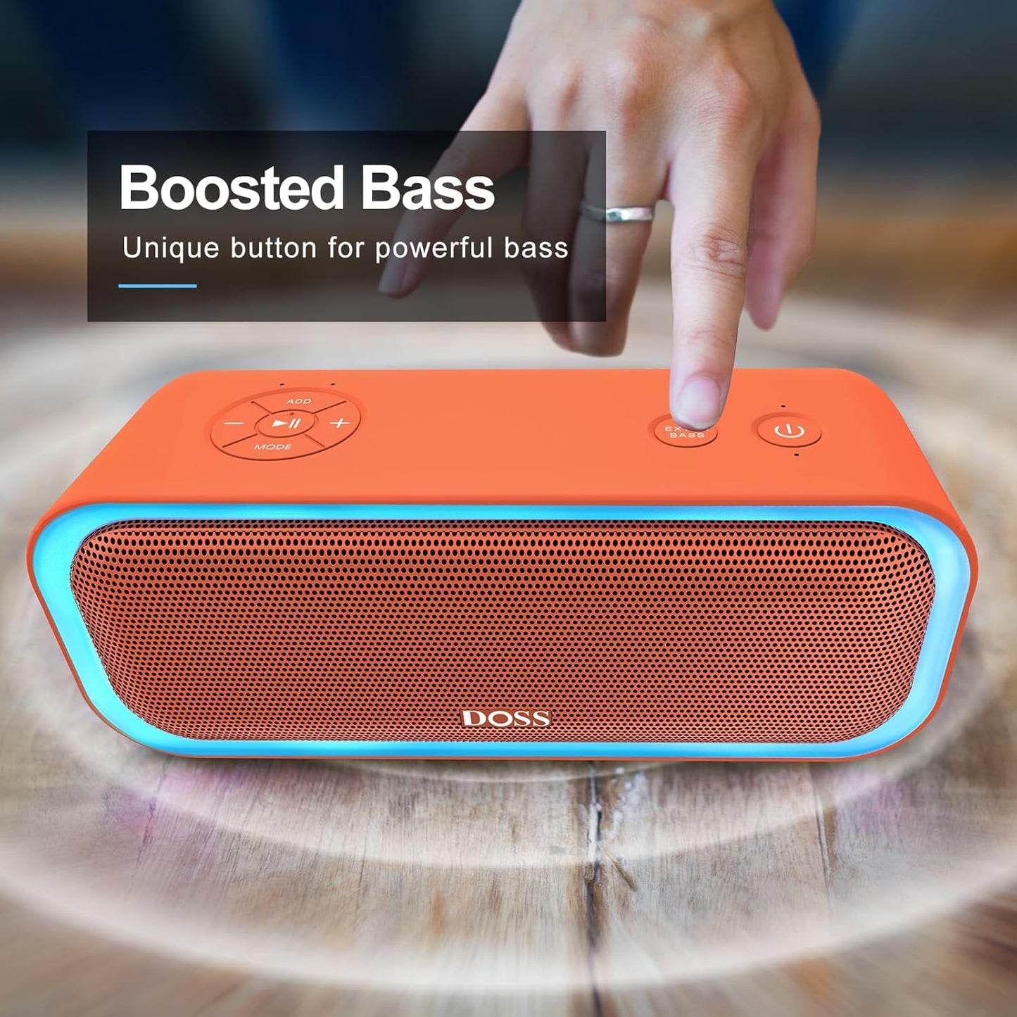 DOSS SoundBox Pro Bluetooth Speaker with 20W Stereo Sound, Active Extra Bass, IPX6 Waterproof, TWS Pairing, Multi-Colors Lights, 20H Playtime, Portable for Beach, Outdoor-Orange