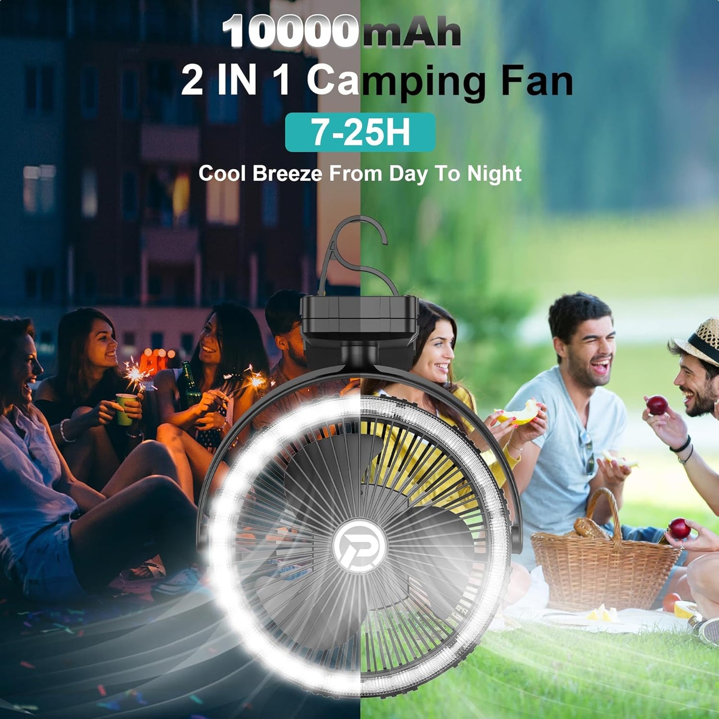 8-Inch Portable Camping Fan with Light, 10000mAh Rechargeable Battery Operated, 3 Speeds Cordless Clip on Table Fan with Hook & Light for Golf Cart Camping Tent Travel Jobsite Hurricane Power Outage