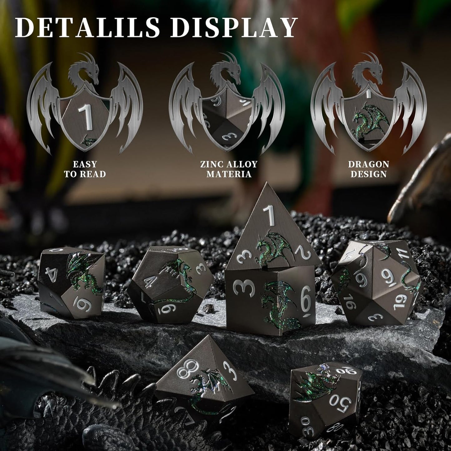 D&D Dice Set Metal Dragon Polyhedral DND Dice Set with Dragon Gift Box for Game Dice Dungeons and Dragons TTRPG(Black with Glitter Green Dragon)