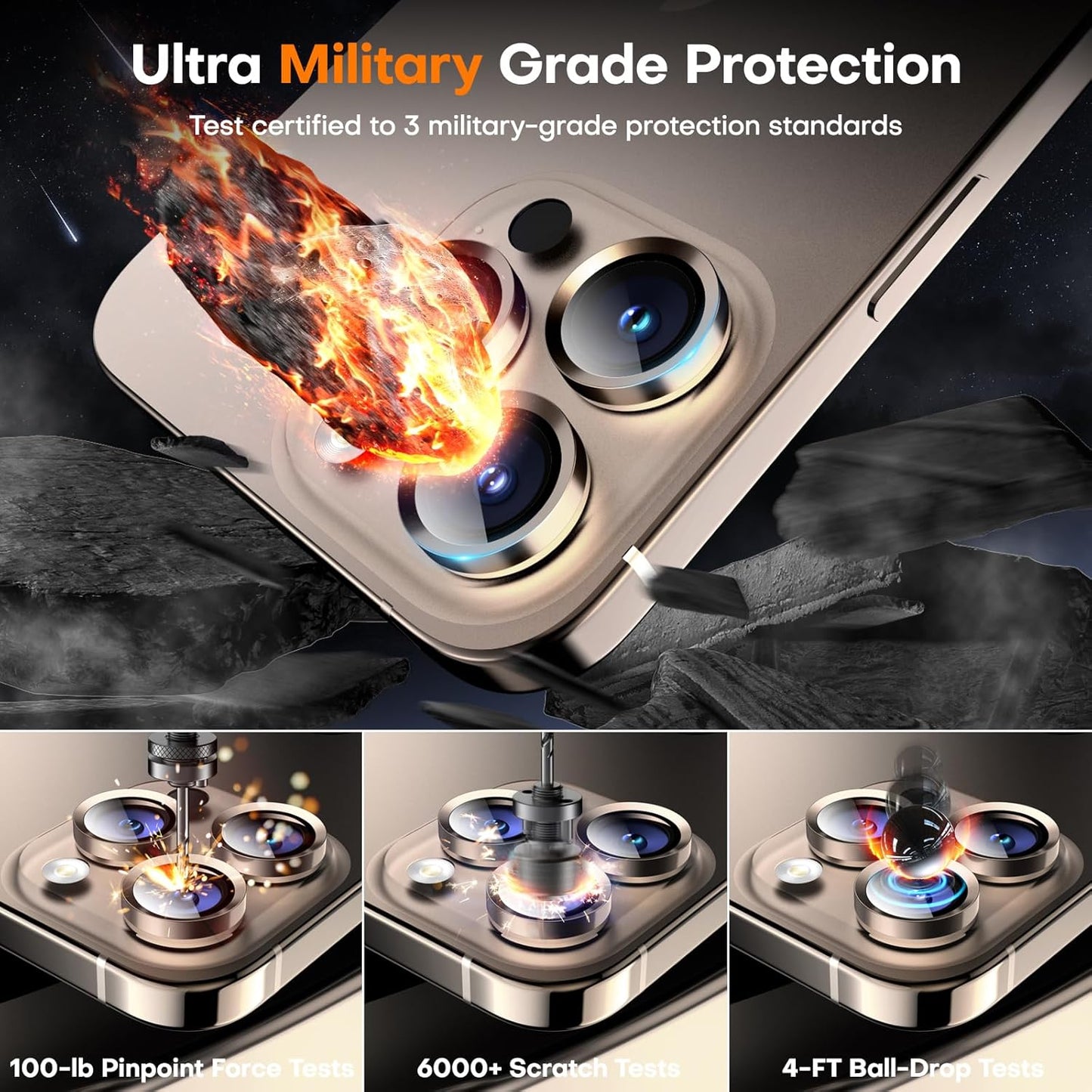 Camera Lens Protector for iPhone 16 Pro Max/16 Pro/15 Pro Max/15 Pro/14 Pro Max/14 Pro, Sapphire Glass Metal Individual Camera Cover Screen, Anti-drop, Case Friendly- Desert Titanium